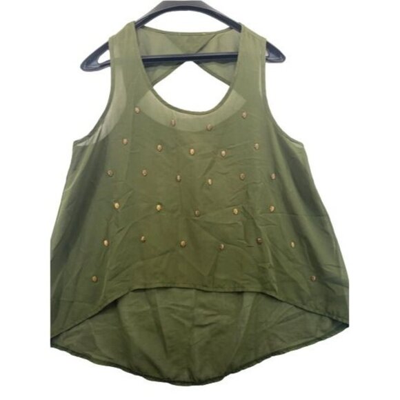 Iris Basic Tops - Iris Basic Womens Top Sz M Olive Green Gold Metal Skulls Goth Sheer CutOut HiLow